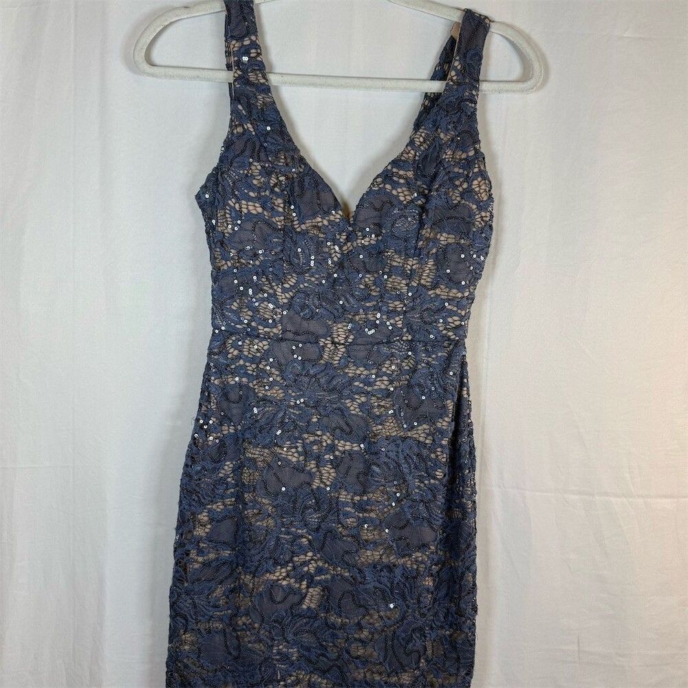 B Darlin Dress Womens S Blue Sequin Lace Bodycon V-Neck Mini